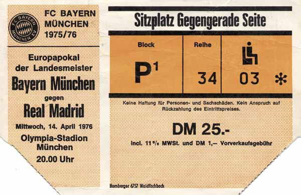 Football Ticket Eurocup 1976 Real Madrid v Munich: German Description: Europapokal der Landesmeister Bayern München - Real Madrid 14.4.1976 im Olympia-Stadion München.10x15cm. English Description: Ticket: European Cup Bayern Munich v Real Madrid. 14
