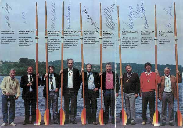 Olympic Games Autograph 1960.: German Description: Farb-Poster (23x34 cm) "Olympiasieger 1960 (Rudern GER)". Mit Originalautogrammen von Klaus Bittner, Karl-Heinz Hopp (+), Hans Lenk, Manfred Rulffs (+), Frank Schepke, Kraft Schepk