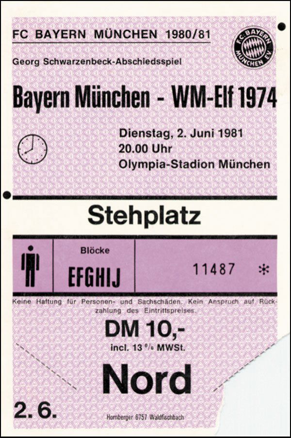 Football Ticket Bayern Munich v World cup Team 74: English Description: Georg Schwarzenbeck, farewell game, entrance ticket 2.6.1981. Seat ticket, price DM 20.00, for the game Bayern München vs German WC Team from 1974, in the Olympic Stadion Munich