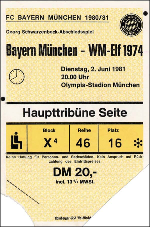 Eintrittskarte 1981: Georg Schwarzenbeck, farewell game, entrance ticket 2.6.1981. Seat ticket, price DM 20.00, for the game Bayern München vs German WC Team from 1974, in the Olympic Stadion Munich. Size 15x10.5 cm, wit