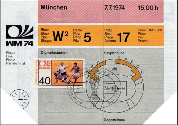 Eintrittskarte WM1974: WC 1974 Final, Germany vs Holland, entrance ticket for the game in the Munich Olympiastadion on 7.7.74, seat ticket, price DM 60.00. Used, with special WC Stamp and officially stamped. Size 15x10.5 cm