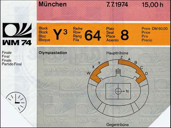 Eintrittskarte WM1974: Worldcup 1974 Germany. WC Final Ticket, Germany vs Holland on July 7, 1974 in Munich. Seat ticket DM 60.00. Size 15x10.5 cm, entrance tag removed, otherwise in good condition I-. German Description: E