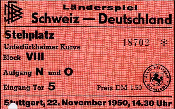 Eintrittskarte LS1950: Germany vs Switzerland 1950, entrance ticket for the international game in Stuttgart on 22.11.50. Size 10x6 cm, very rare ticket from the first post war German international game! Holes punched on low