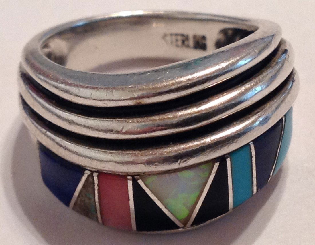 Estate vintage multi stone inlay Sterling ring (S) (1 of 4)