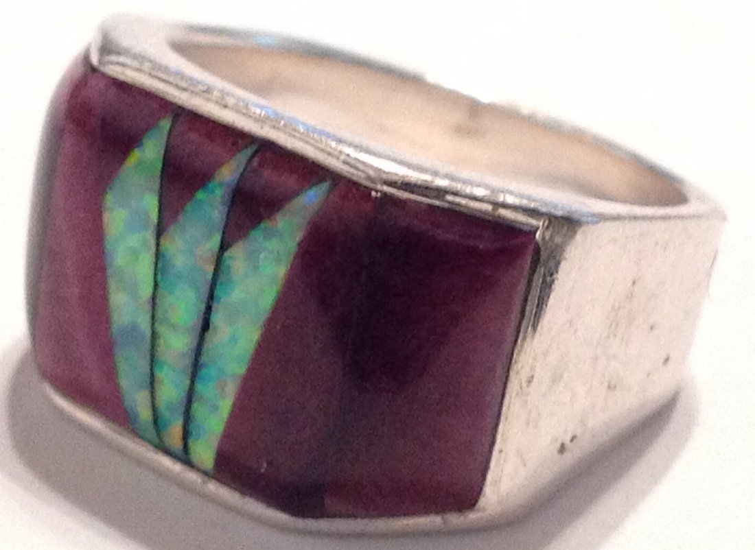 Estate vintage multi stone inlay Sterling ring (S) (1 of 3)