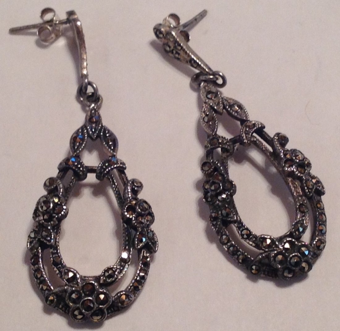 Estate Sterling silver large marcasite earrings (S): Estate items. Marked. 925 . large marcasite dangle . 10.1 grams.