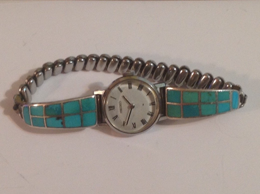 estate old pawn native silver timex turquoise inlay (S) (1 of 3)