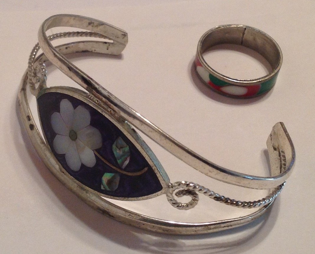 Estate vintage mexico bracelet & enamel ring (T) (1 of 4)
