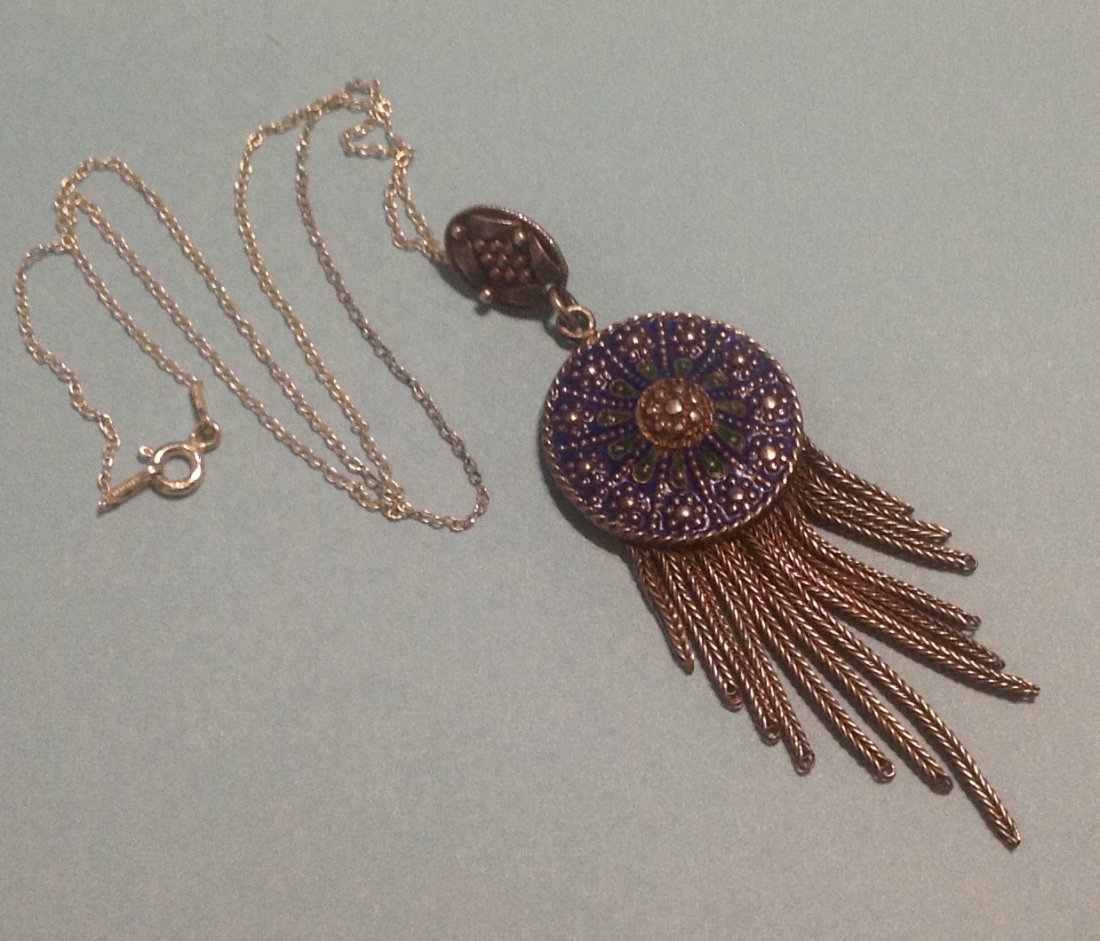 Estate Sterling blue enamel tassel pendant (S): Marked 925 on pendant and chain. Looks old.