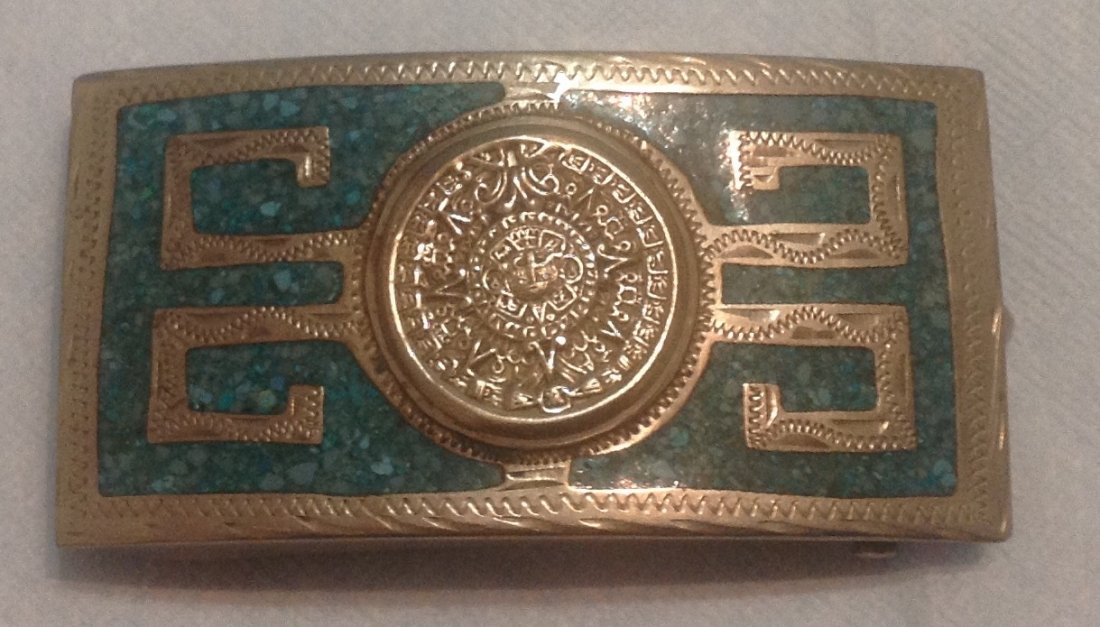 Vintage Alpaca silver turquoise belt buckle (S): Good size, crushed turquoise inlay, Mayan or Aztec calendar