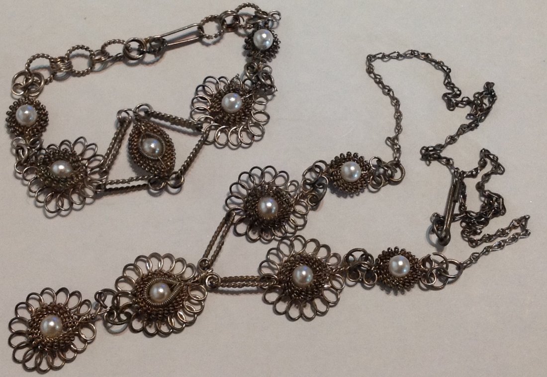 antique silver filigree choker & bracelet set (S): wire filigree, Pearl cabochons, tested lower 800 grade silver