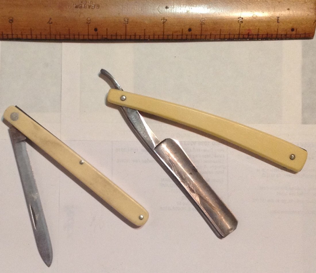 Estate lot of 2 schrade melon knife & shave blade (S): Estate. unsure of age. The Rex co. Ill, straight razor. + melon knife.