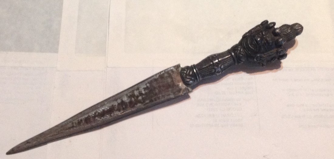 Antique Tibetan Buddhist ritual tantric 3 dagger ( S ): Estate item. No markings. 9.5" heavy handle. Phurba dorje.
