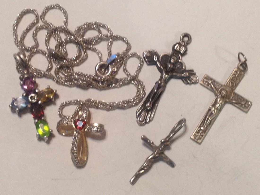EstateSterling silver & assorted crucifix cross lot(S): Estate item,. ,. tested. 3 marks Sterling. Other 2 not marked