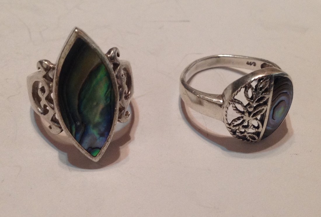 Vintage lot of 2 abalone Sterling silver rings, (S): Estate items. Tested. Marked..