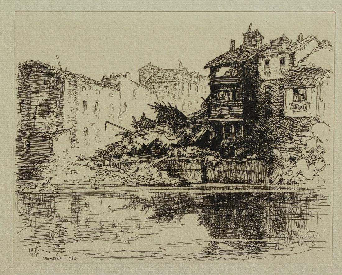 George Lester Hornby (1882 - 1956): Town of Verdun. Etching is inscribed Verdun 1918 and artist initials. Artist estate stamp bottom left Member of: American Art Association of Paris, Boston Art Club, Guild of Boston Artists, Boston Wat