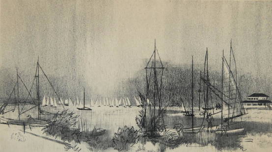 Joe Jones (1934 - 1993): Sailboats, lithograph, signed pencil lower right Signature: SLR in pencil. Medium: Lithograph. Framing: Framed. Artist: Joe Jones. Size: 7.5 x 13.5".