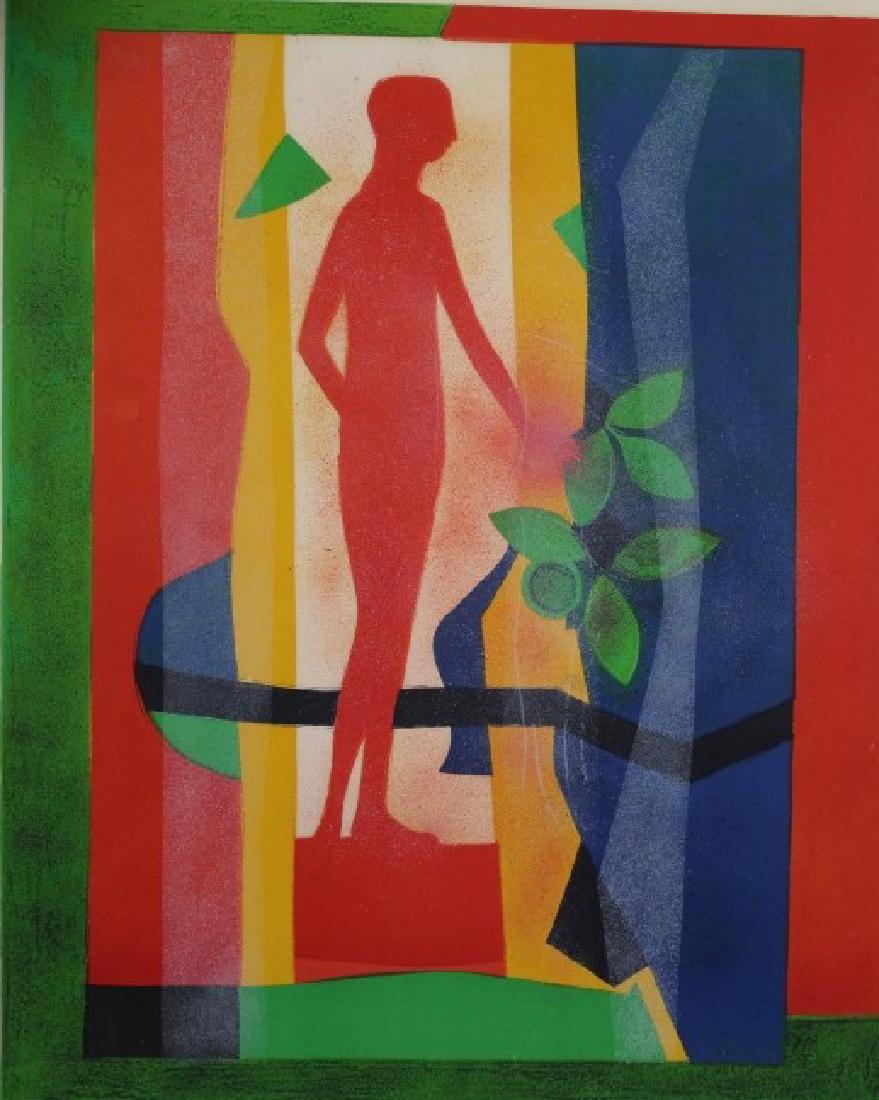 Andre Minaux (1923-1986): A silhouette of a lady standing with tree and vibrant colors.. Numbered 76/120 Andre Minaux studied at the Ecole des Arts DÎ˜coratifs, Paris from 1941-5 and had his first one-man exhibition at the G