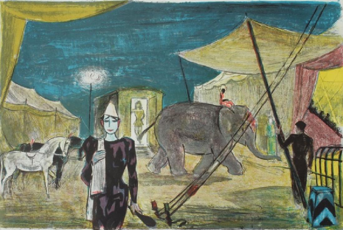 Hans Schoellhorn: Pair of colored lithographs signed by Hans Schellhorn 1) Lady horse circus rider on a horse with clown and drum major looking on. 36/90 Entree des Artistes 2) Boy riding on an elephant to the entrance