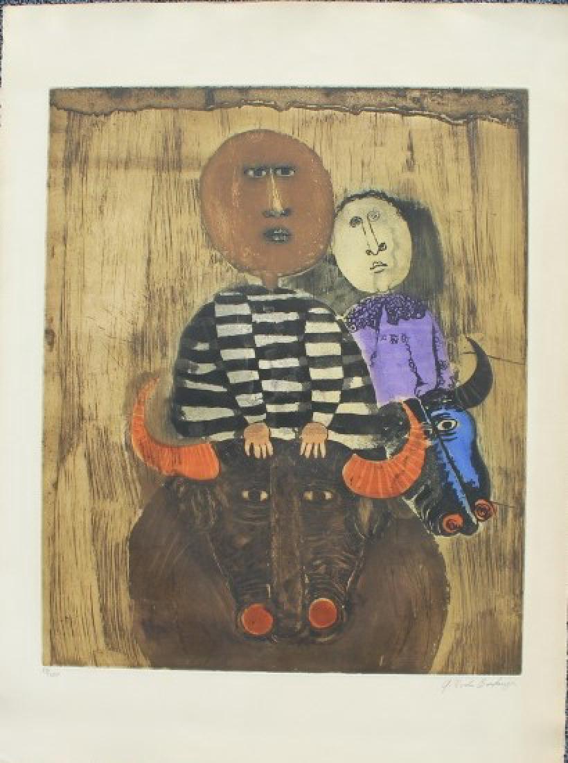 Graciela Rodo Boulanger Bolivian (1935-): Children riding bulls. 39/100 Signature: SLR. Medium: Lithograph. Framing: Unframed. Artist: Graciela Rodo Boulanger. Size: 22.75 x 18.75".
