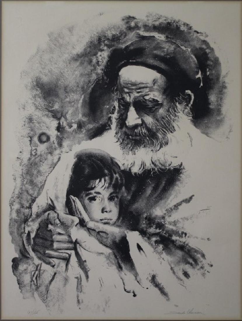 Sandu Liberman (Rominian (1923-1977): With Grandpa lithograph numbered 97/125 Signature: SLR. Medium: Lithograph. Framing: Framed. Artist: Sandu Liberman. Size: 24.5 x 18.5". Numbered 97/125