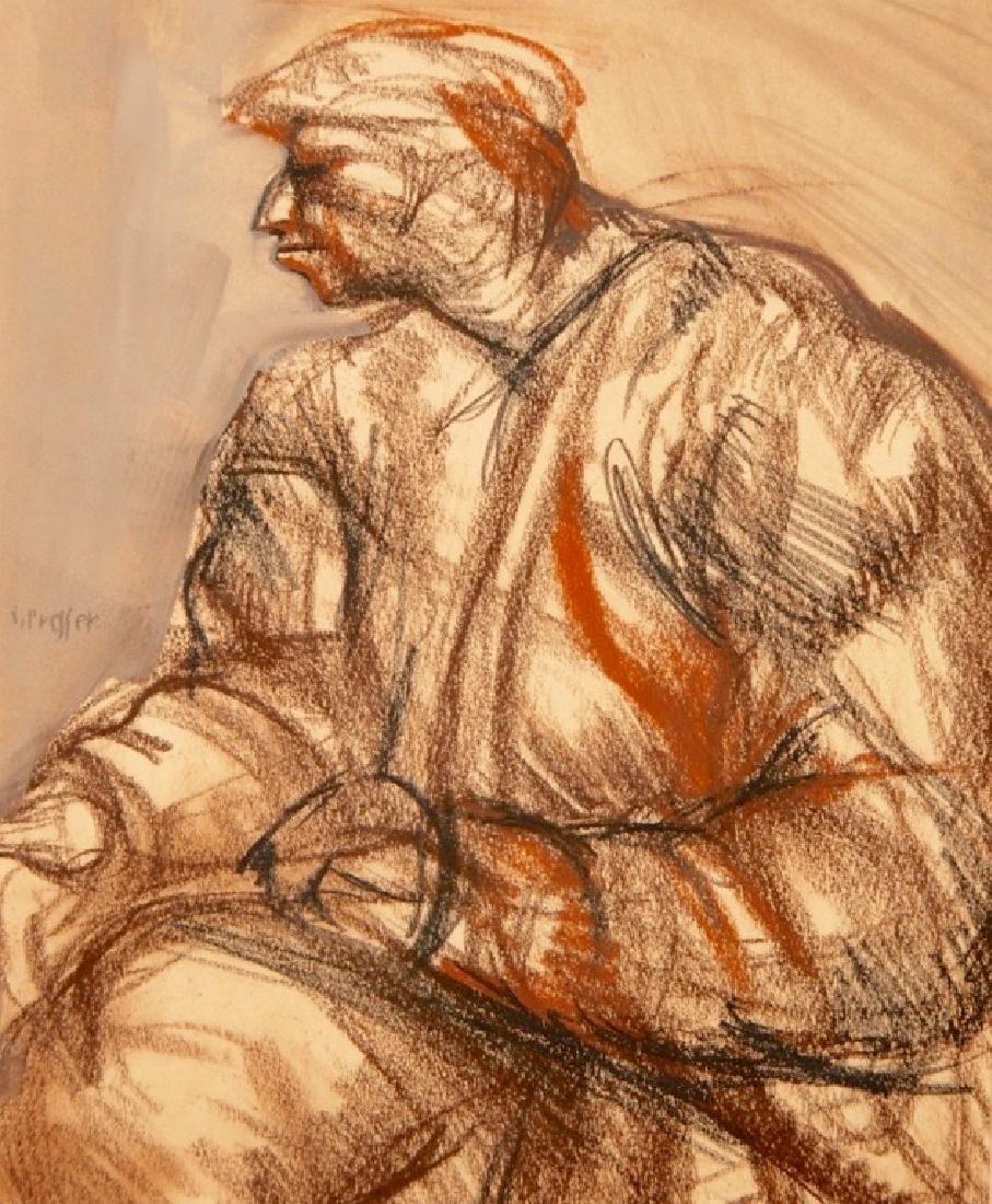 Josef Presser: A Miner 1936 Similar drawing in the Smithsonian. Signature: SUL. Medium: Pencil and Sanguine Chalk. Framing: Framed. Artist: Josef Presser. Size: 9 x 7.75 (sight). Gallery 5 East label on verso.