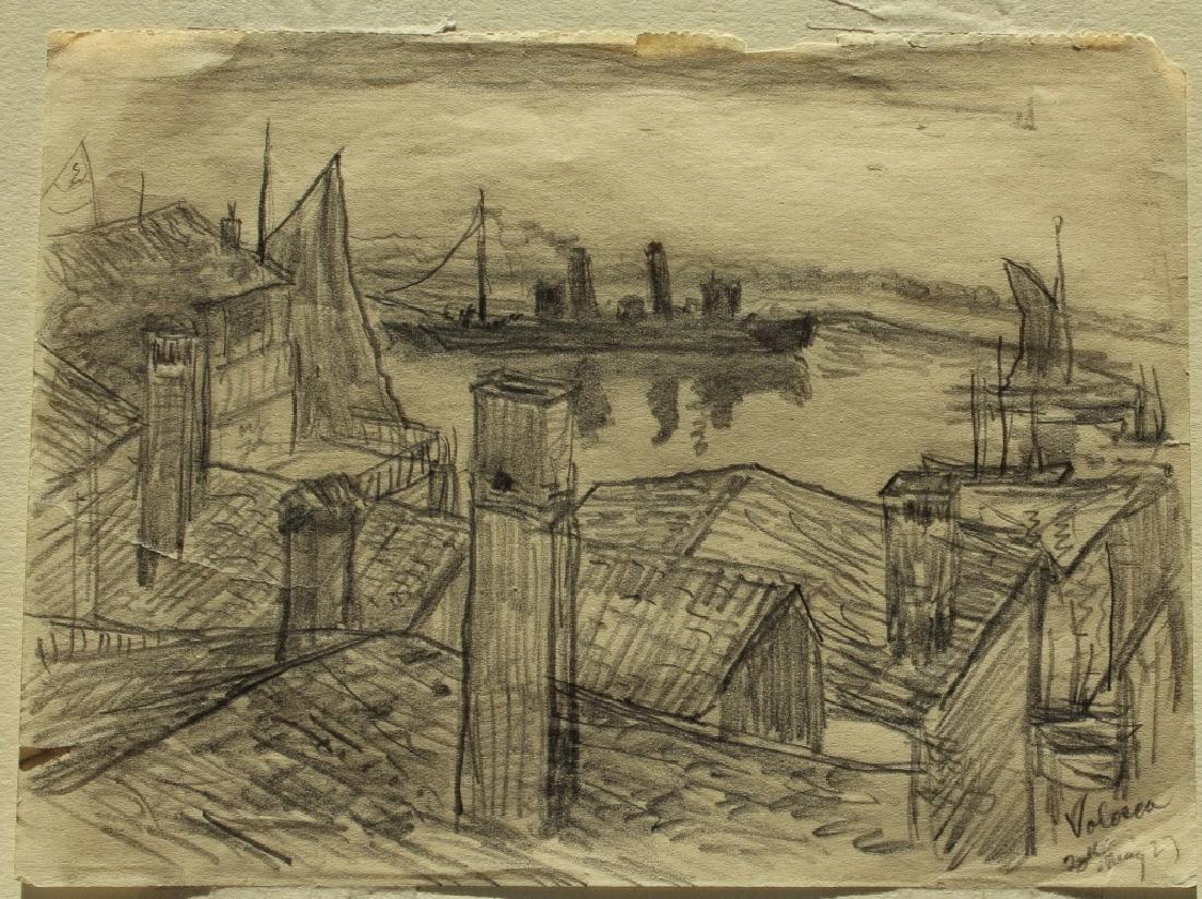 Andre Smith (American 1880-1959): The town of Volocea?. Dated 28 may 27 Signature: Unsigned. Medium: Pencil. Framing: Unframed. Artist: Andre Smith. Size: 6.5 x 8.5".