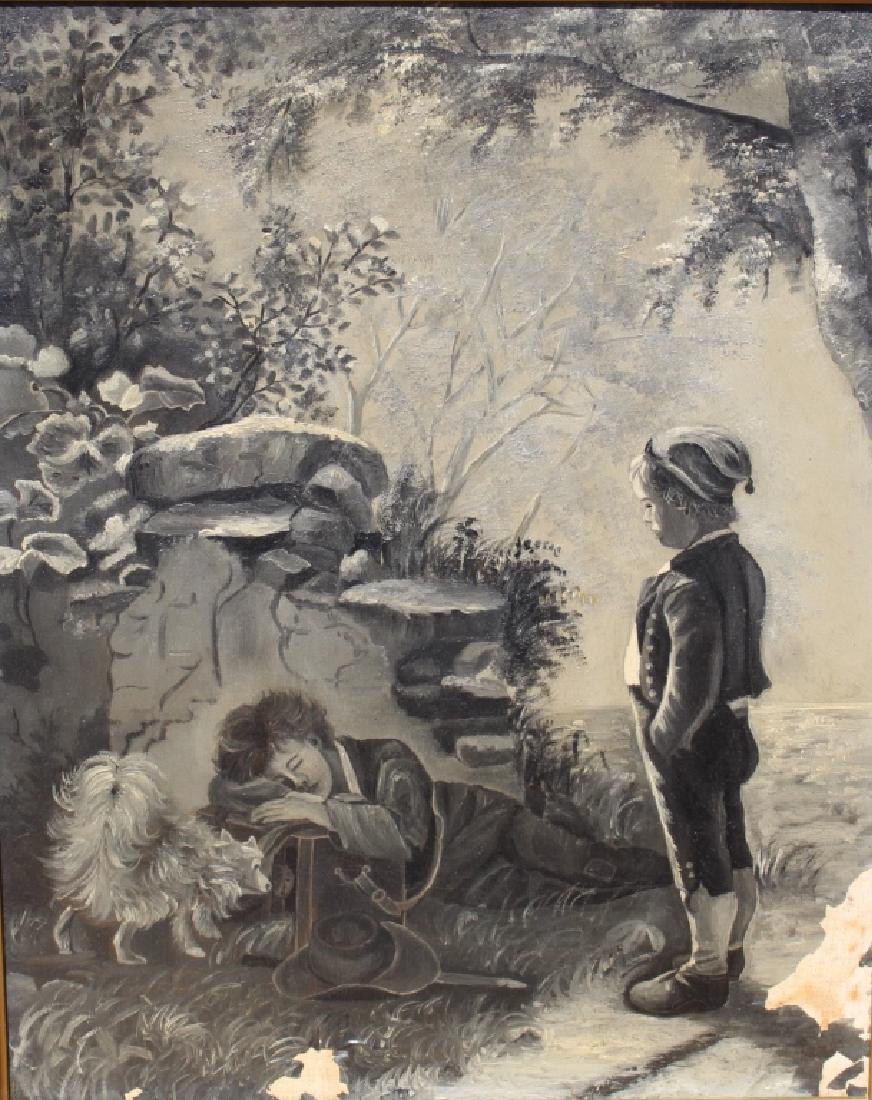 Unsigned (19th/20th Century) The Little Runaway: Oil on canvas illustrative work shows a young boy and his dog that have come upon a boy that is sleeping next to a rock wall. His head rests on his carrying box which appears to contain another animal
