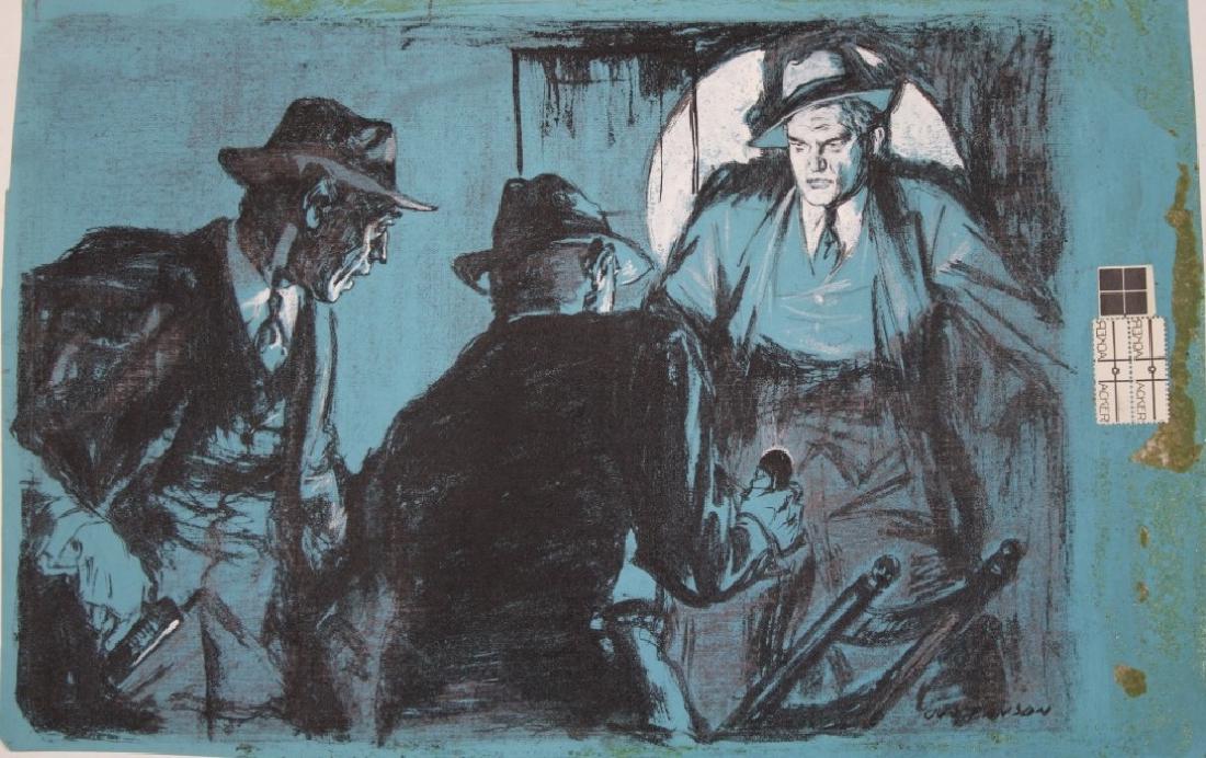 Leland Gustavson (American 1894-1966) Illustrator: Three detectives looking around an area. Signature: SLR. Framing: Unframed. Artist: Leland Gustavson. Size: 10.5 x 16.25".