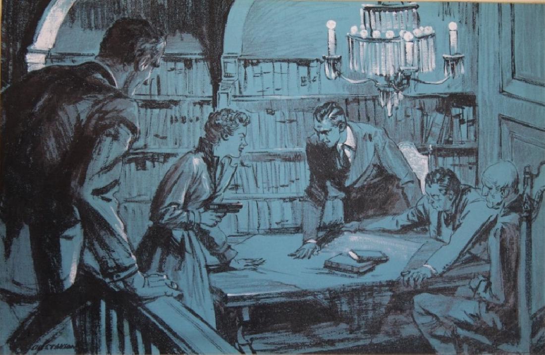 Leland Gustavson (American 1894-1966) Illustrator: Woman in the library with a gun. Two men are seated and two men are standing. Signature: SLL. Framing: Unframed. Artist: Leland Gustavson. Size: 11.5 x 17.5". A Blue Book Magazine label on back.