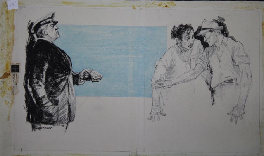 Leland Gustavson (American 1894-1966) Illustrator: Officer offering money to a person and another person holding him back, Signature: SLL. Framing: Unframed. Artist: Leland Gustavson. Size: 10 x 16.5".