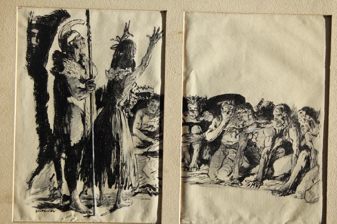 Leland Gustavson (American 1894-1966) Illustrator: Chief up the talking to the tribe (natives). Blue Book Magazine label on back. Signature: SLL. Medium: Oil on Canvas. Framing: Unframed. Artist: Leland Gustavson. Size: 12 x 18". For Publication in Bl