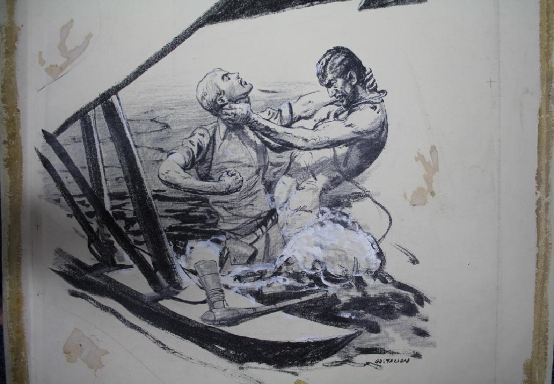 Leland Gustavson (American 1894-1966) Illustrator: Swamp Angel choking man in the water near seaplane. Signature: SLR. Framing: Unframed. Artist: Leland Gustavson. Size: 20 x 17". For publication in Blue Book Magazine