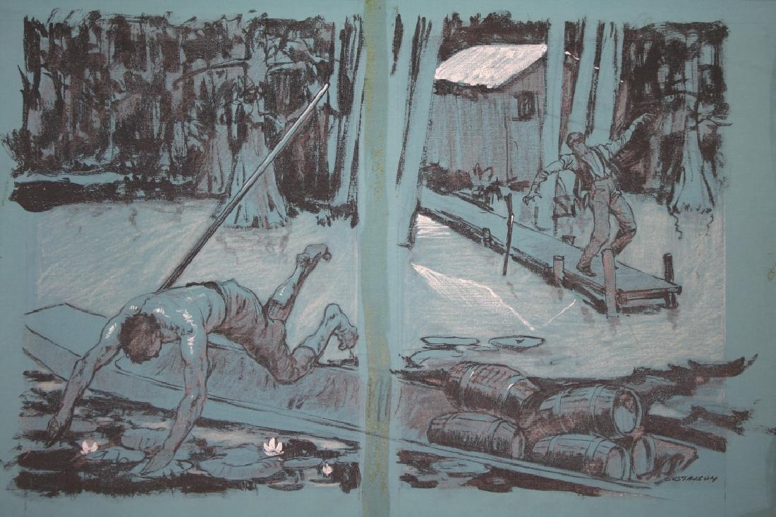 Leland Gustavson (American 1894-1966) Illustrator: Man dropping rifle and falling back of a pier. Man diving into the bayou out of a pirogue into the water lilies. Signature: SLR. Medium: Oil on Canvas. Framing: Unframed. Artist: Leland Gustavson. Siz