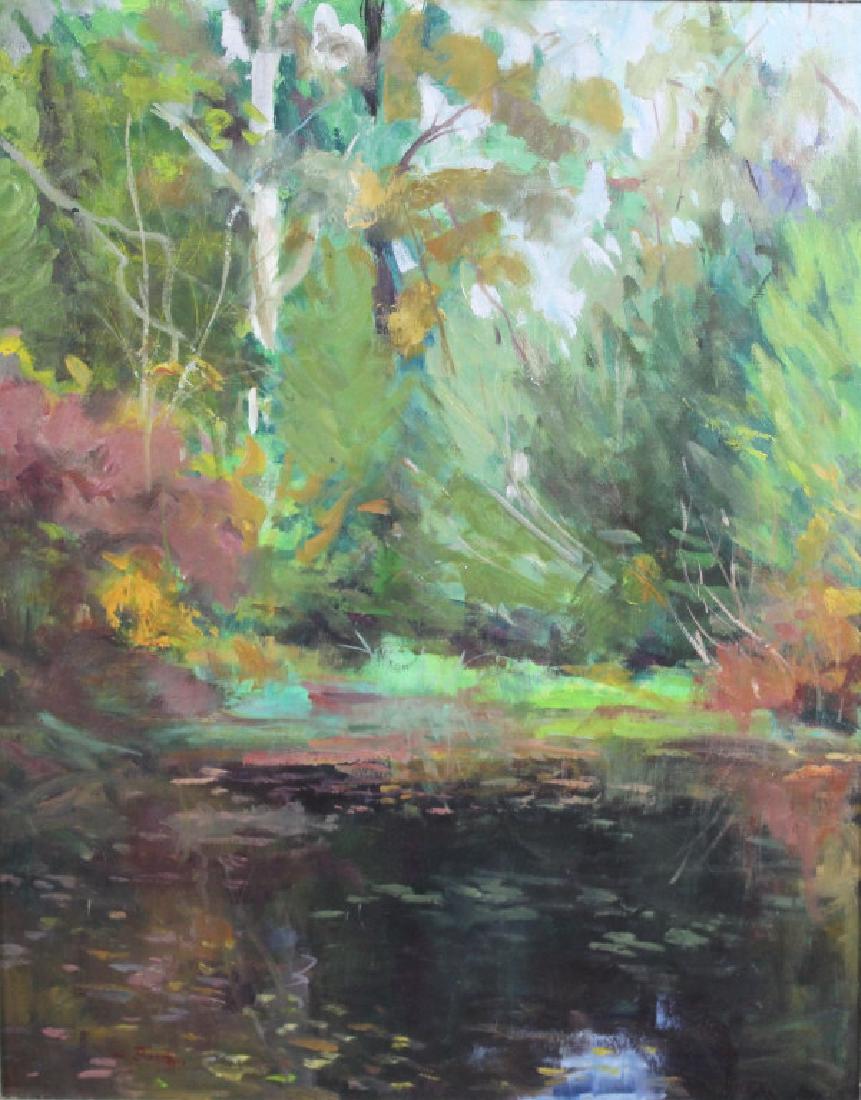 Harry Barton (American 1908-2001): Pond and birch trees Harry Barton was active/lived in New York. Harry Barton is known for illustration-book. Signature: SLL. Medium: Oil on Masonite. Framing: Framed. Artist: Harry Barton. Size: 16 x