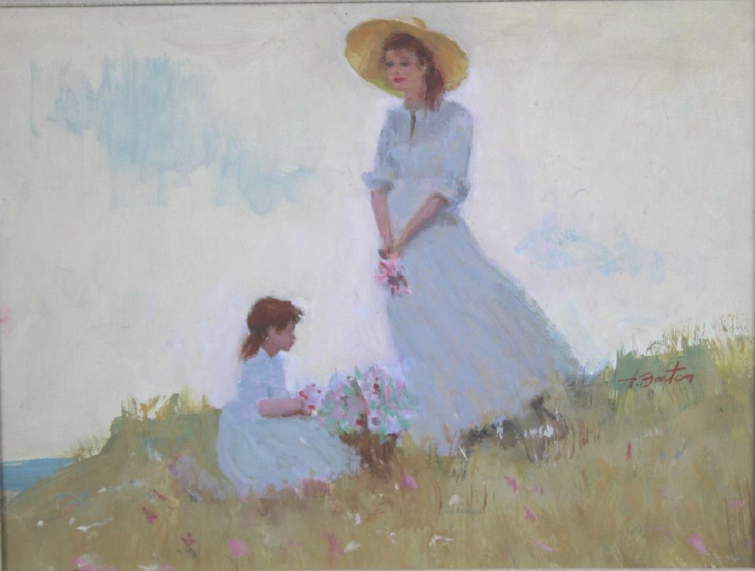 Harry Barton (American 1908-2001): Woman and child on hillside holding flowers, Harry Barton was active/lived in New York. Harry Barton is known for illustration-book. Signature: SLR. Medium: Oil on Masonite. Framing: Framed. Artist: H