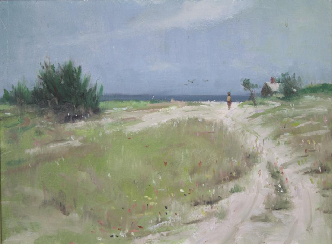 Harry Barton (American 1908-2001): Sandy path with house on right and lone figure in background Harry Barton was active/lived in New York. Harry Barton is known for illustration-book. Signature: Stamp on back. Medium: Oil on Masonite.