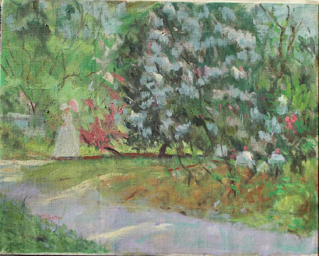 Harry Barton (American 1908-2001): Woman on path with umbrella Harry Barton was active/lived in New York. Harry Barton is known for illustration-book. Signature: SLL. Medium: Oil on Canvas. Framing: Unframed. Artist: Harry Barton. Size