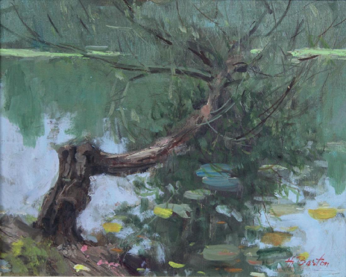 Harry Barton (American 1908-2001): Trees hanging over a pond Harry Barton was active/lived in New York. Harry Barton is known for illustration-book. Signature: SLR. Medium: Oil on Masonite. Framing: Framed. Artist: Harry Barton. Size: