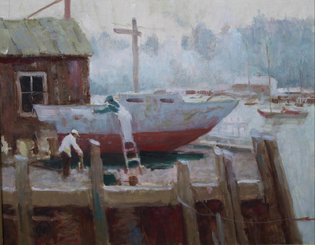 Harry Barton (American 1908-2001): Gloucester Harbor Harry Barton was active/lived in New York. Harry Barton is known for illustration-book. Signature: SLL. Medium: Oil on masonite. Framing: Framed. Artist: Harry Barton. Size: 16 x 20"
