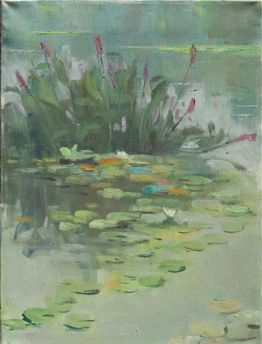 Harry Barton (American 1908-2001): Water Lillies Harry Barton was active/lived in New York. Harry Barton is known for illustration-book. Signature: estate stamp on back. Medium: Oil on Canvas. Framing: Unframed. Artist: Harry Barton. S
