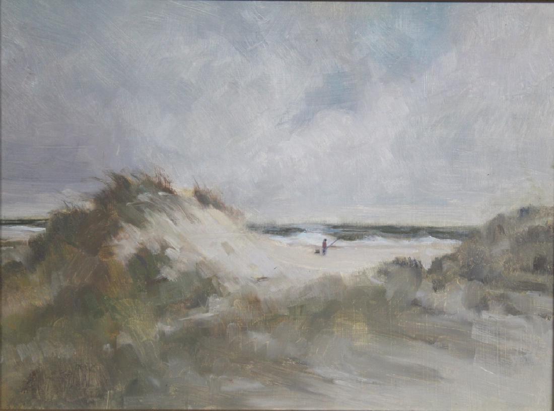 Harry Barton (American 1908-2001): Blustery day at the dunes. Man in background fishing.. Harry Barton was active/lived in New York. Harry Barton is known for illustration-book. Signature: estate stamp on back. Medium: Oil on Masonite.