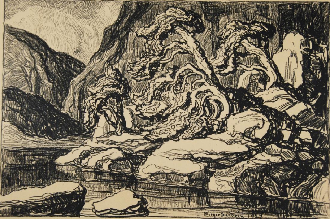 Birger Sandzen: Trees by the River Letter- copy showing consigned by direct descendent of Robert George Lienroth who was art manager for lithographers Ketterlinus & Company of Philadelphia. Signature: inscribed in pr