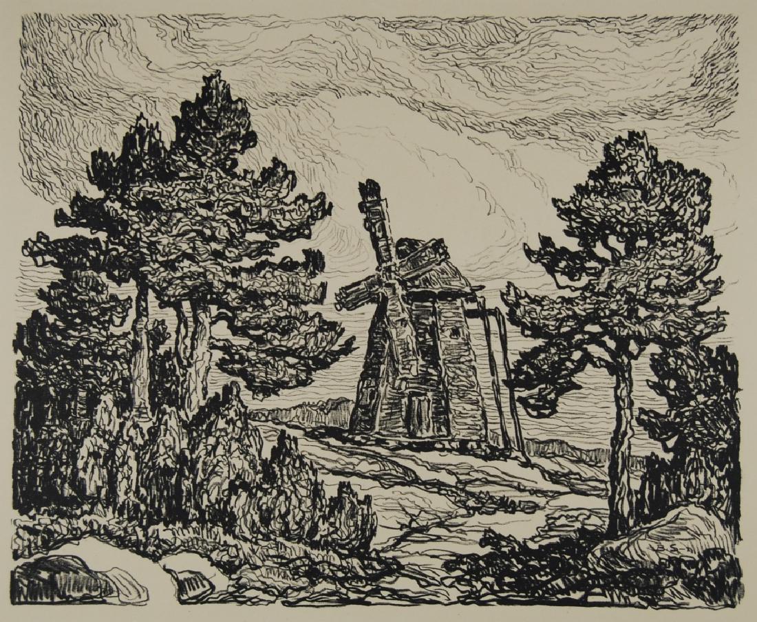 Birger Sandzen (1871-1954): Old Windmill Letter- copy showing consigned by direct descendent of Robert George Lienroth who was art manager for lithographers Ketterlinus & Company of Philadelphia. Signature: SLL - inscribed B. S 