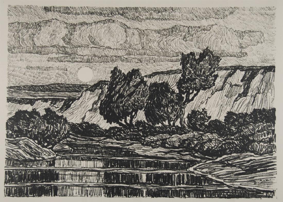 Birger Sandzen (1871-1954): Creek at Moonrise Letter- copy showing consigned by direct descendent of Robert George Lienroth who was art manager for lithographers Ketterlinus & Company of Philadelphia. Signature: SLR - inscribed 