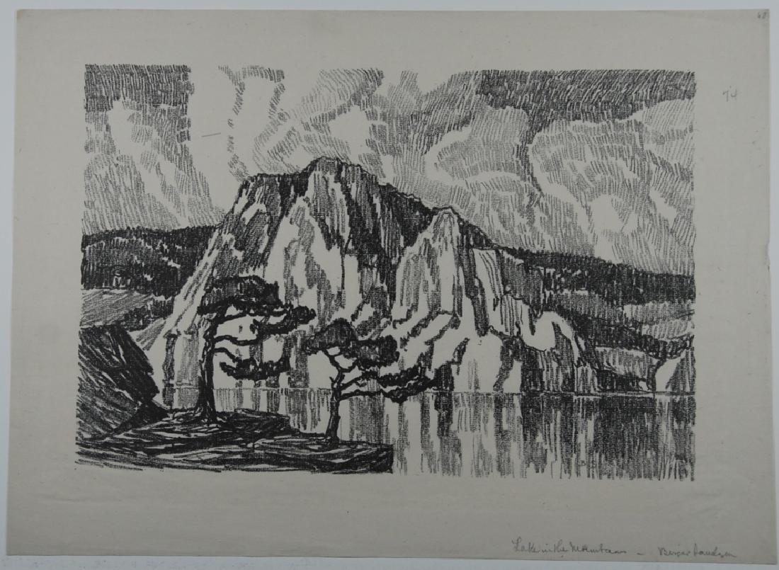 Birger Sandzen (1871-1954): Lake in the Mountains Letter- copy showing consigned by direct descendent of Robert George Lienroth who was art manager for lithographers Ketterlinus & Company of Philadelphia. Initials inscribred on 