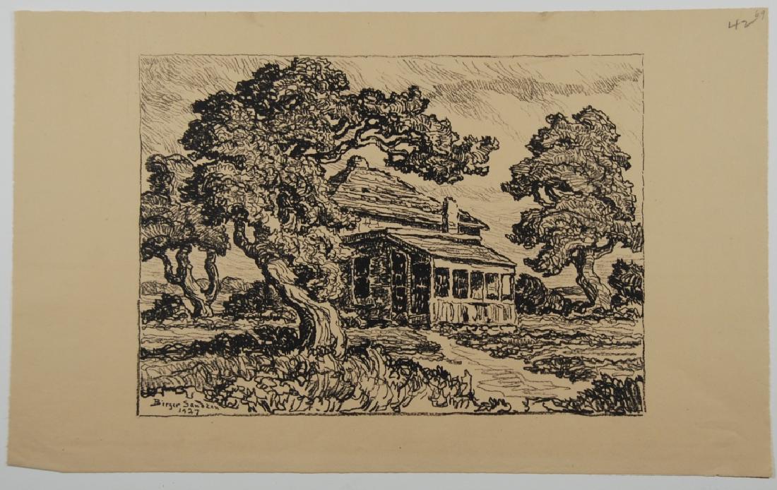Birger Sandzen (1871-1954): House among the trees Letter- copy showing consigned by direct descendent of Robert George Lienroth who was art manager for lithographers Ketterlinus & Company of Philadelphia. Signature: SLL - inscri