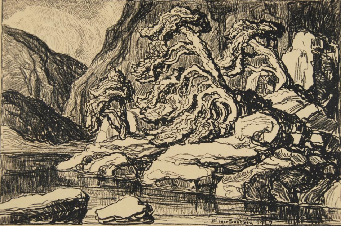 Birger Sandzen: Trees by the River Letter- copy showing consigned by direct descendent of Robert George Lienroth who was art manager for lithographers Ketterlinus & Company of Philadelphia. Signature: Inscribed in pr