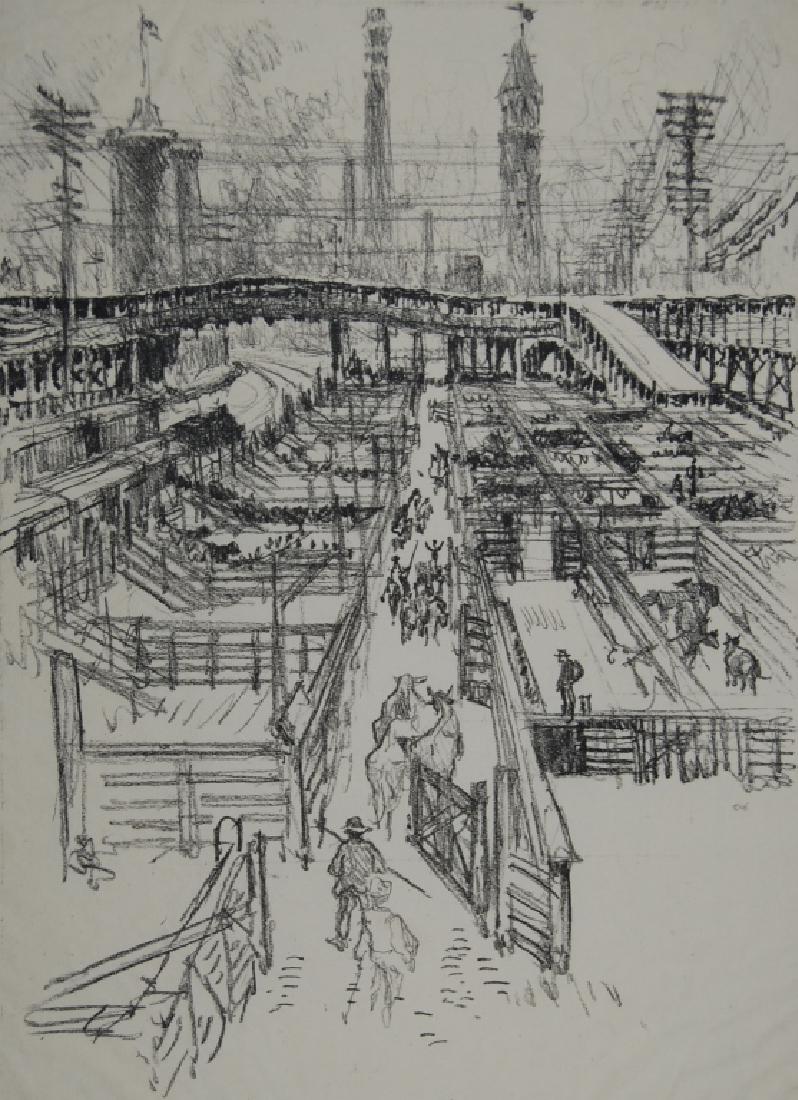 Joseph Pennell: Cattle Train stockyard From folder marked: Stock yards not matted Letter- copy showing consigned by direct descendent of Robert George Lienroth who was art manager for lithographers Ketterlinus & Comp