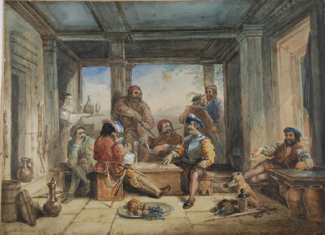 J. Hall Hulse: The Card Game dated 1852 Not matted Artist initials stamped lower left corner in paper Signature: SLL. Medium: Watercolor. Framing: Unframed. Artist: J. Hall Hulse. Size: 16 x 22.
